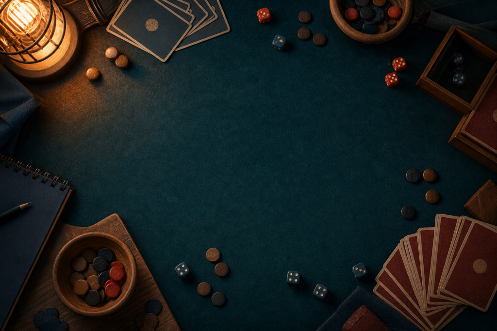 Mesa de juegos de mesa con dados y fichas, imagen editorial de novedades
