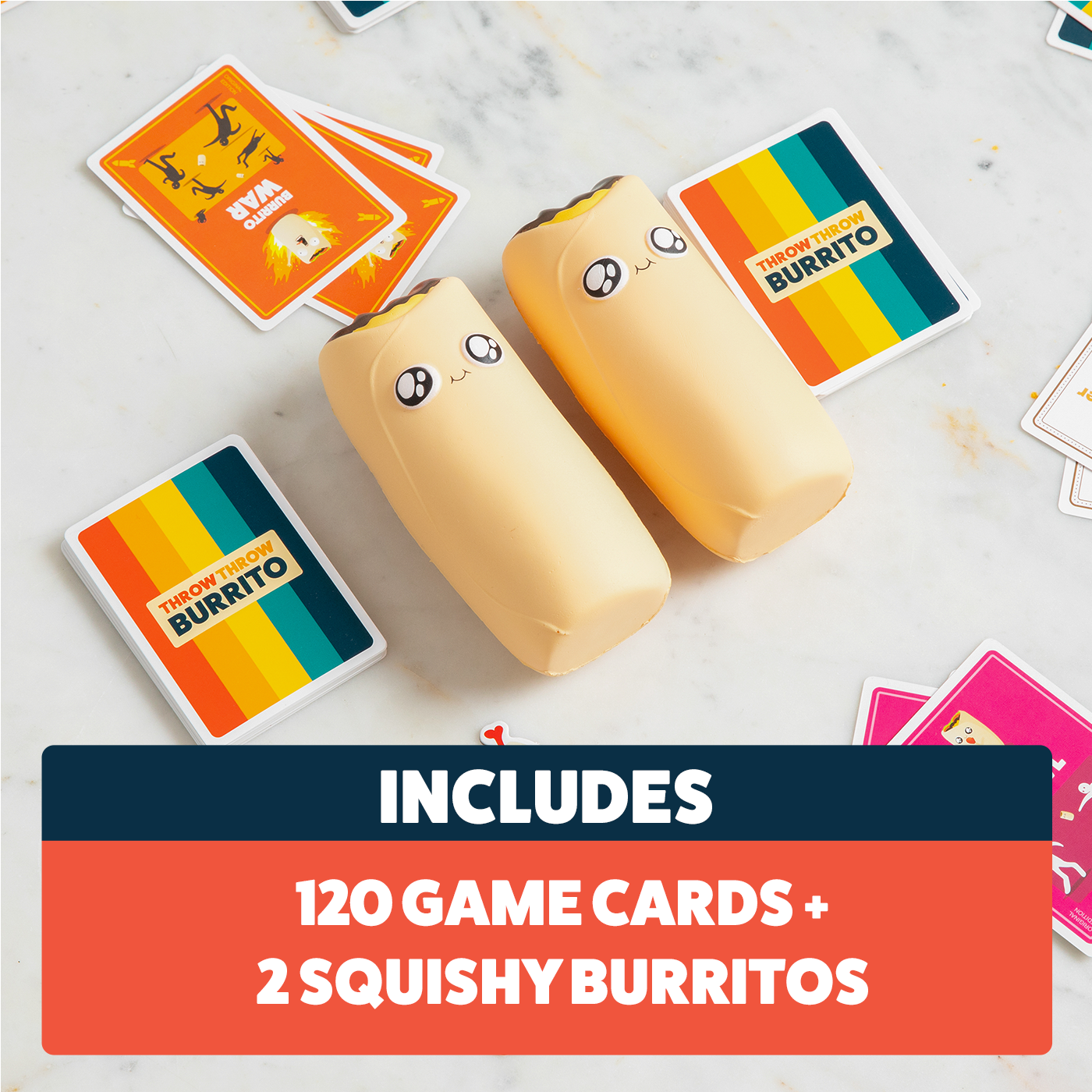 Contenido de Throw Throw Burrito con cartas y burritos de espuma