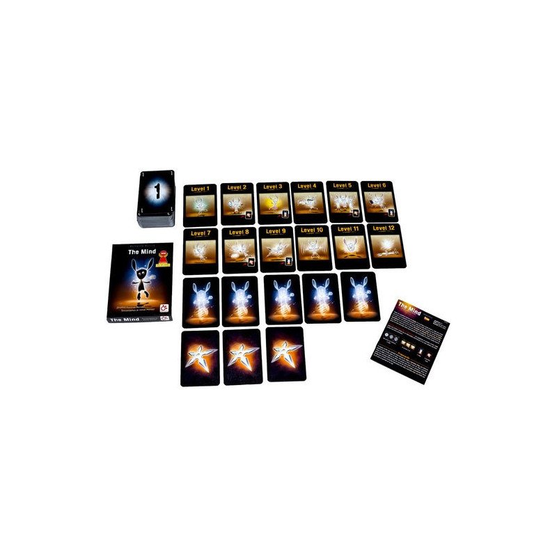 Componentes de The Mind con cartas numeradas, niveles, vidas y estrellas