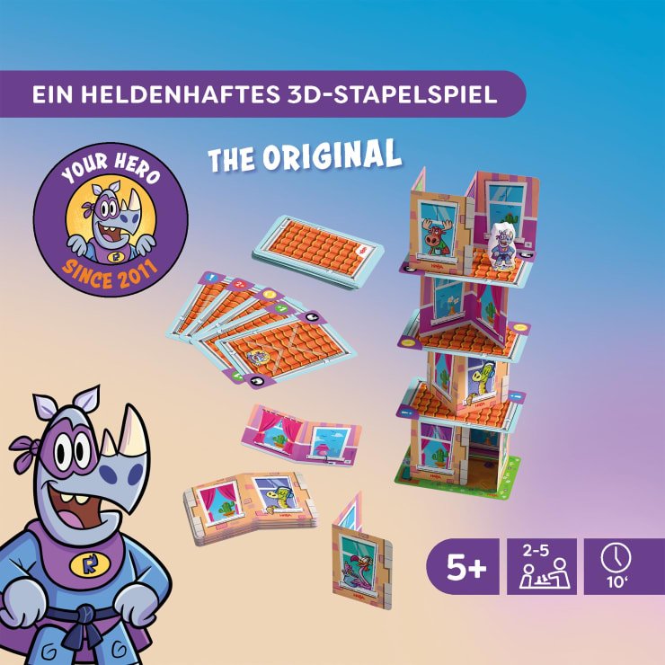 Torre de cartas construida durante una partida de Rhino Hero