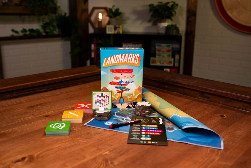Caja, tablero, cartas, losetas y rotulador de Landmarks
