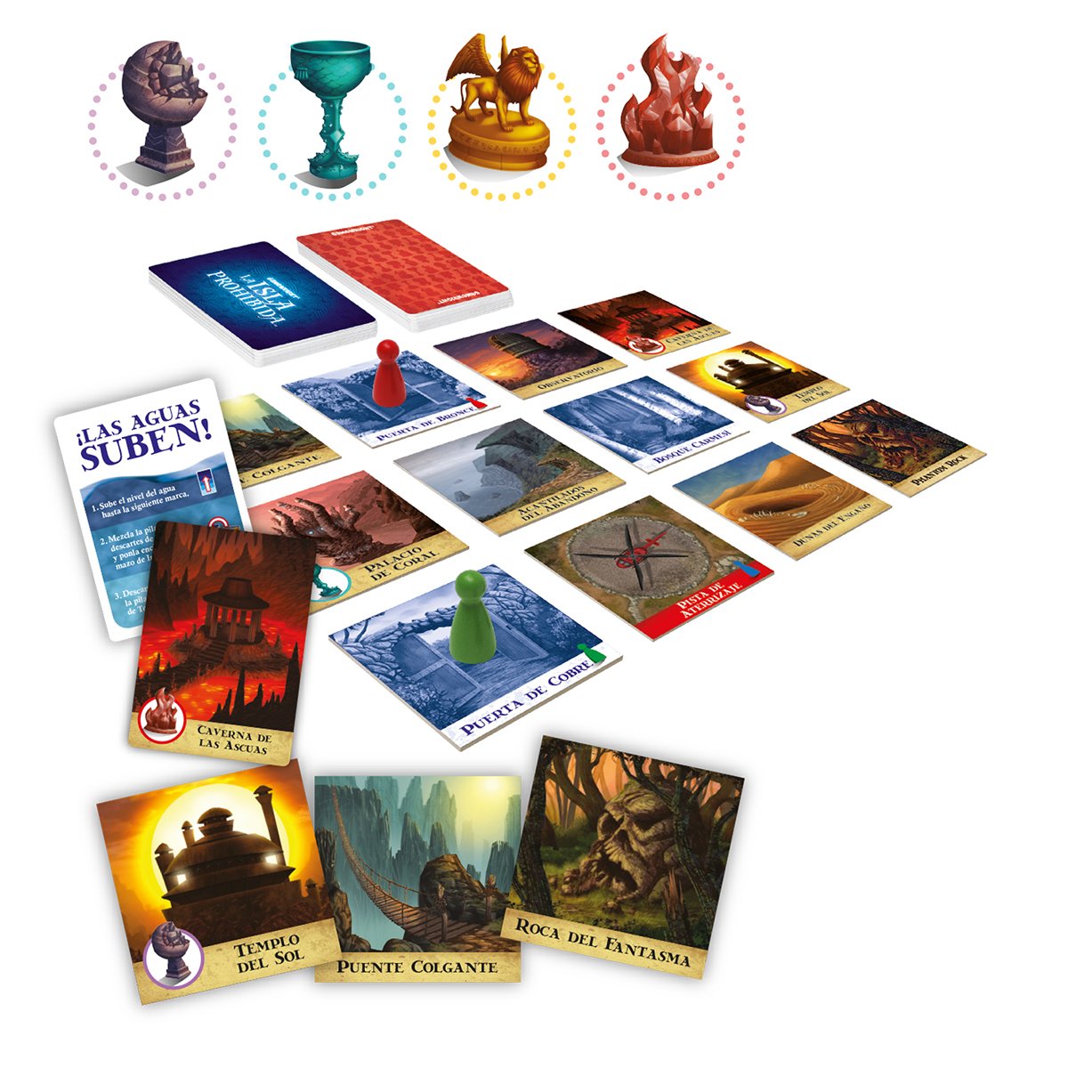 Losetas, cartas, aventureros y cuatro tesoros de La Isla Prohibida desplegados