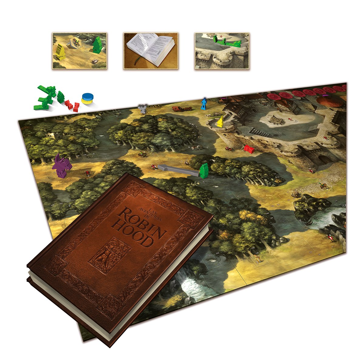 Tablero abierto, figuras y libro de Las Aventuras de Robin Hood