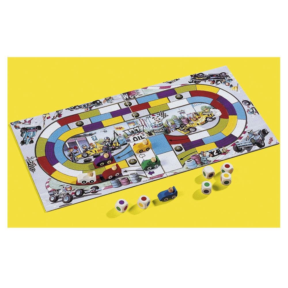 Tablero de Monza con coches de madera y dados de colores