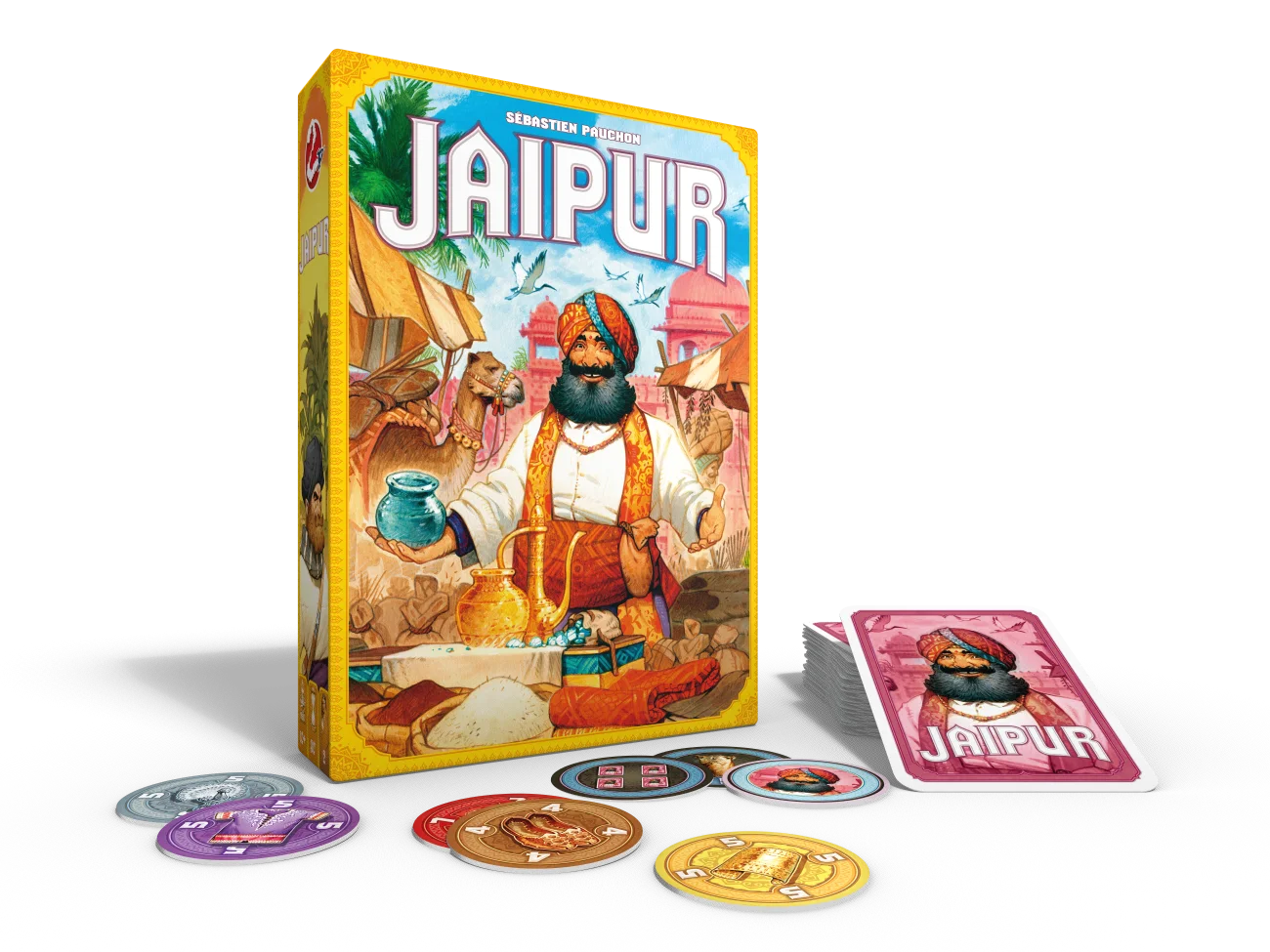 Cartas y fichas de Jaipur preparadas para una partida