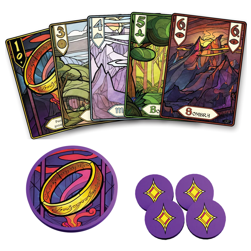 Cartas de palos, fichas y carta del Anillo de La Comunidad del Anillo: El Juego de Bazas