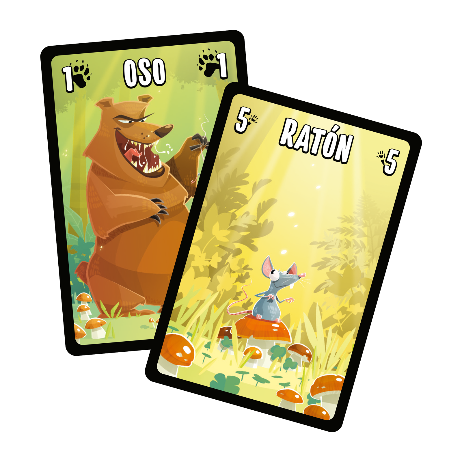 Cartas de oso, lobo, lince, búho y ratón junto a las fichas de comida de Otro Día Será