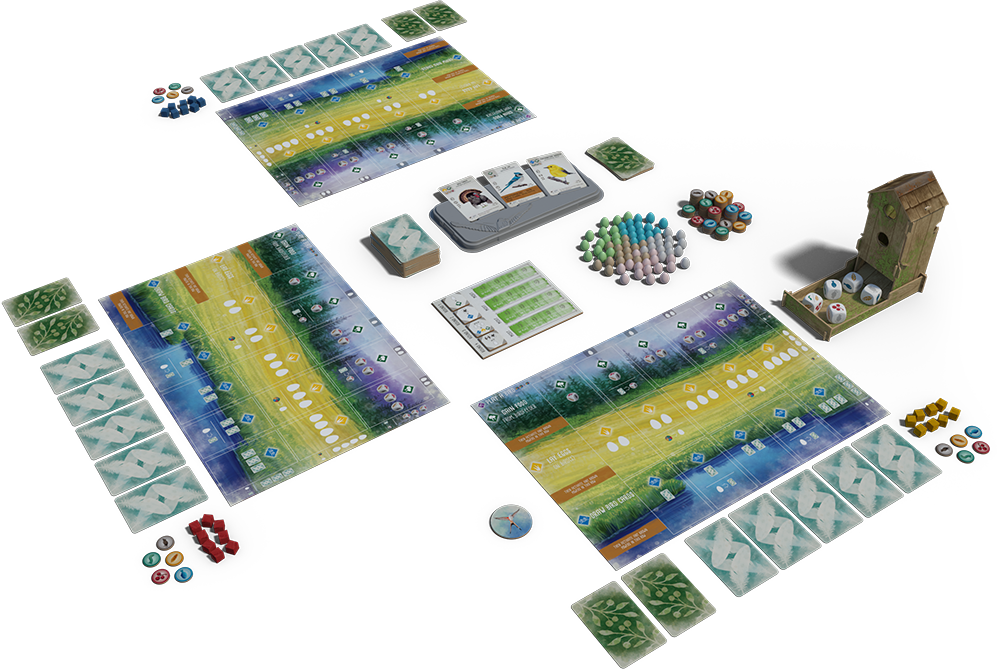 Wingspan desplegado con tableros, cartas, huevos y comedero