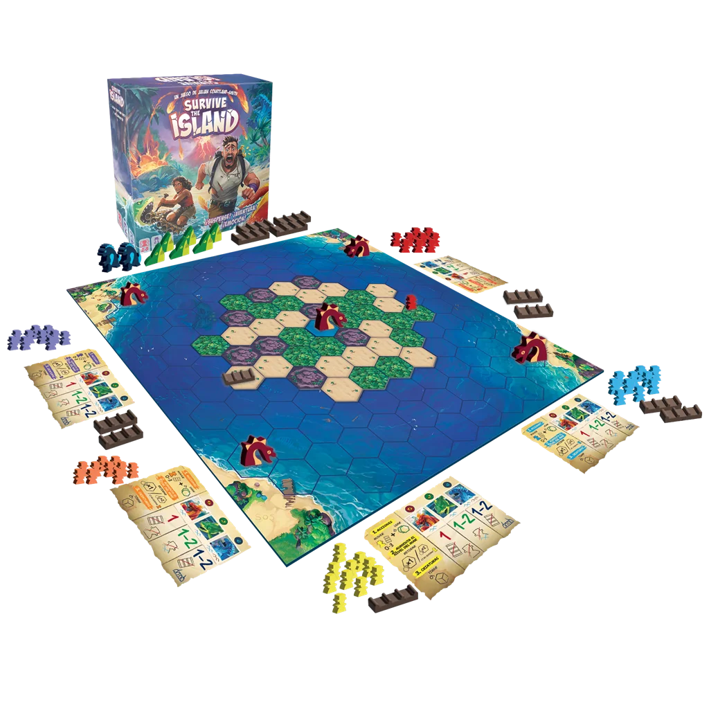 Survive The Island desplegado con isla, exploradores, botes y criaturas marinas