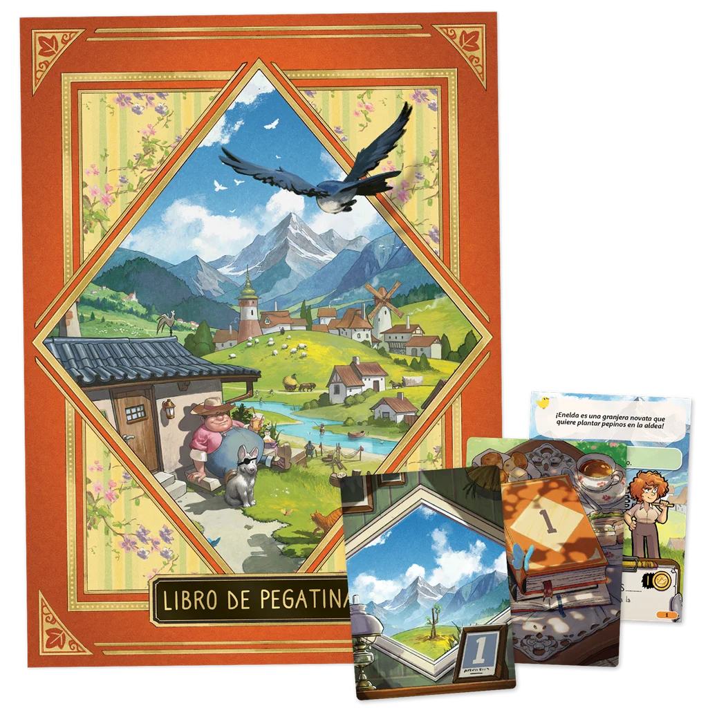 Tablero, cartas y pegatinas de Aventuras en Villa Pegatina
