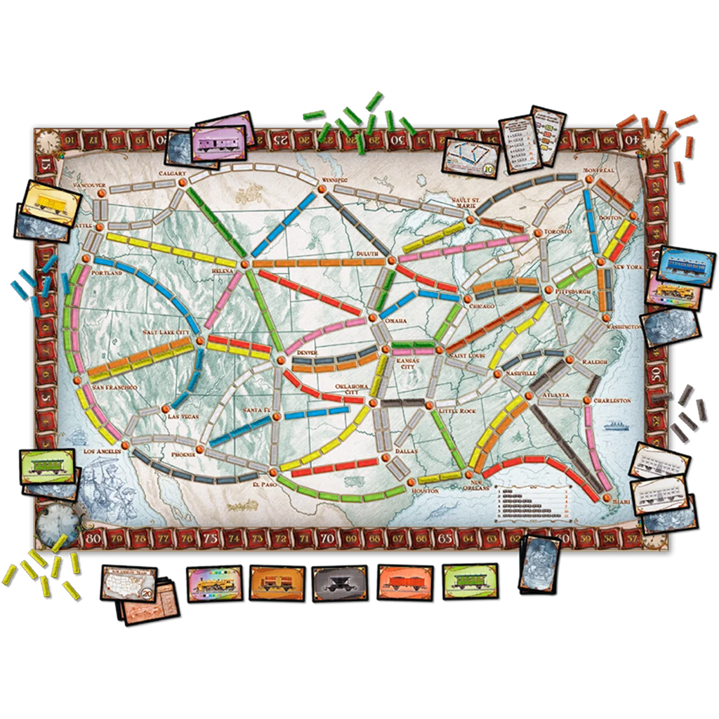 Aventureros al Tren desplegado con sus componentes de juego