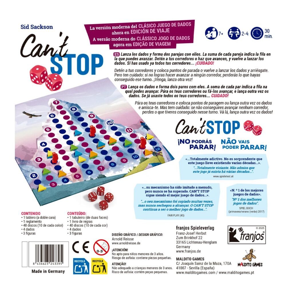 Tablero, dados y marcadores de la edición 2025 de Can’t Stop