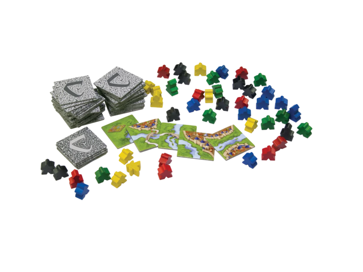 Carcassonne desplegado con sus componentes de juego