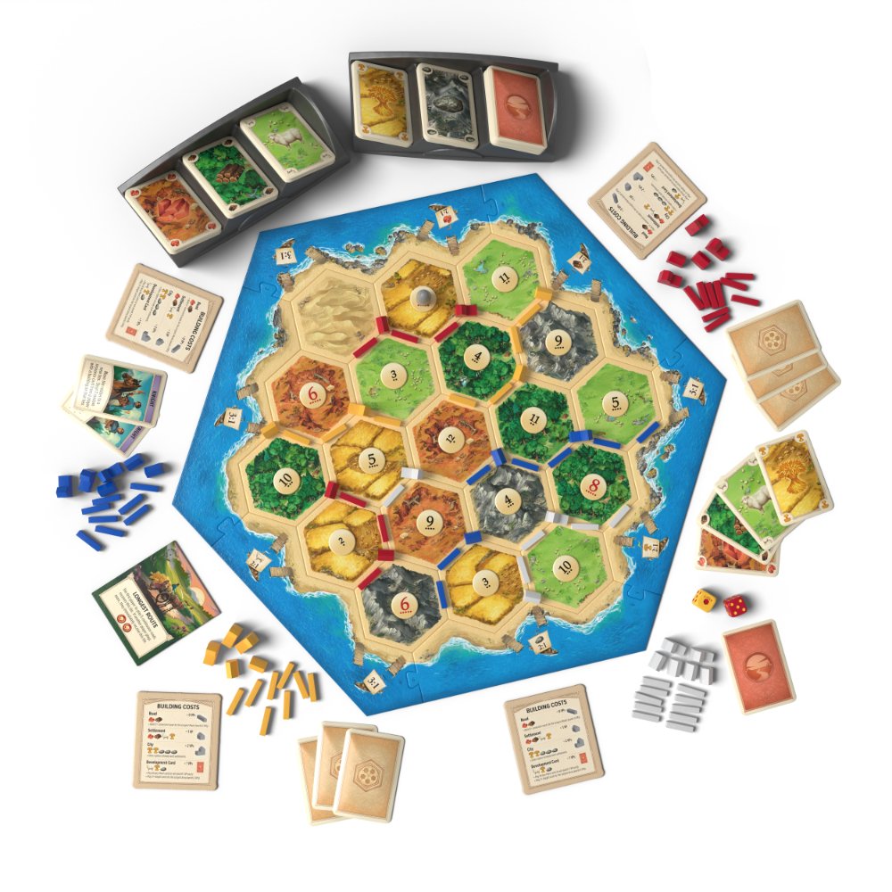 Catan desplegado con sus componentes de juego