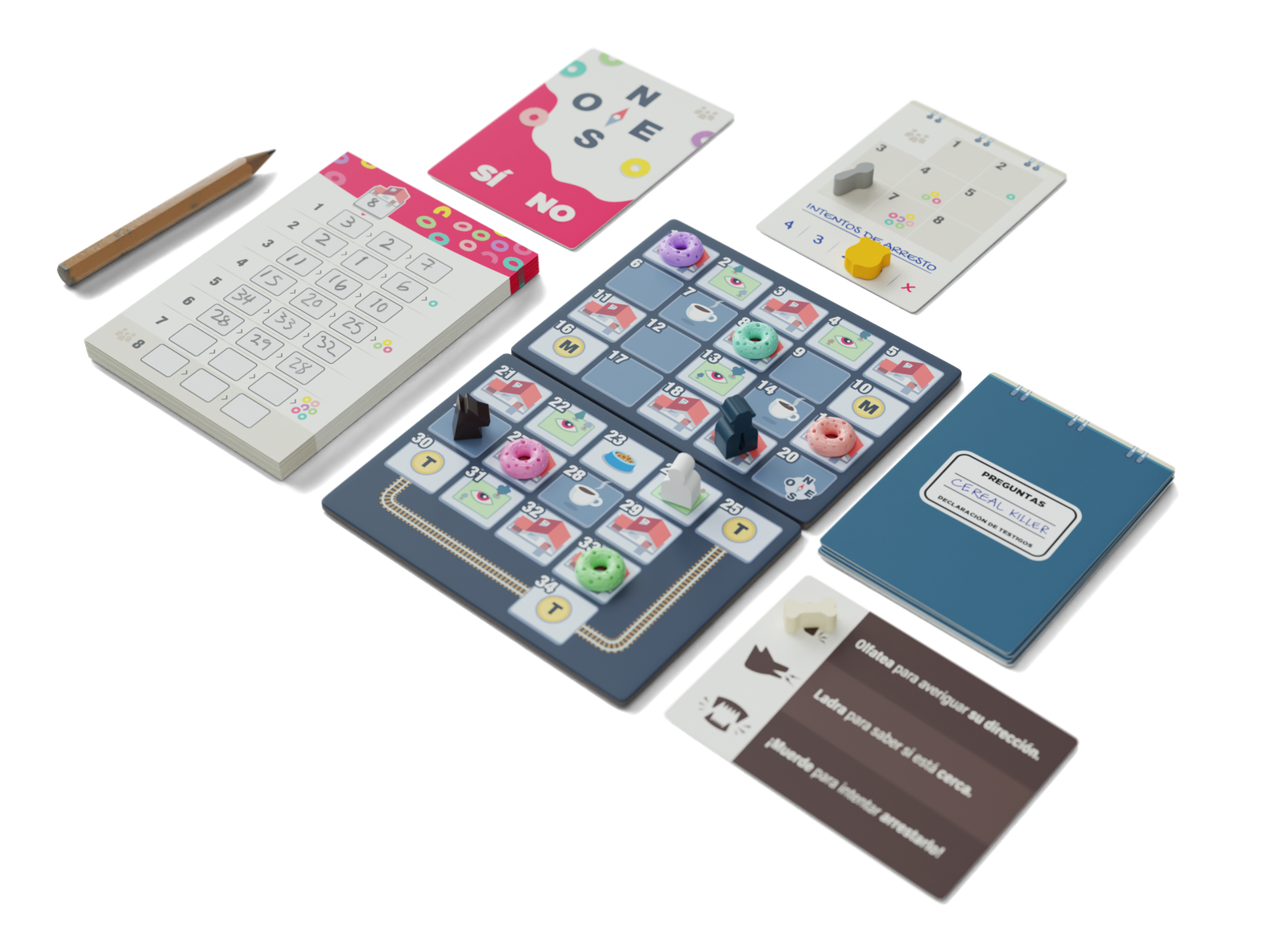 Mapa, fichas, libreta y cartas de Cereal Killer preparados para jugar