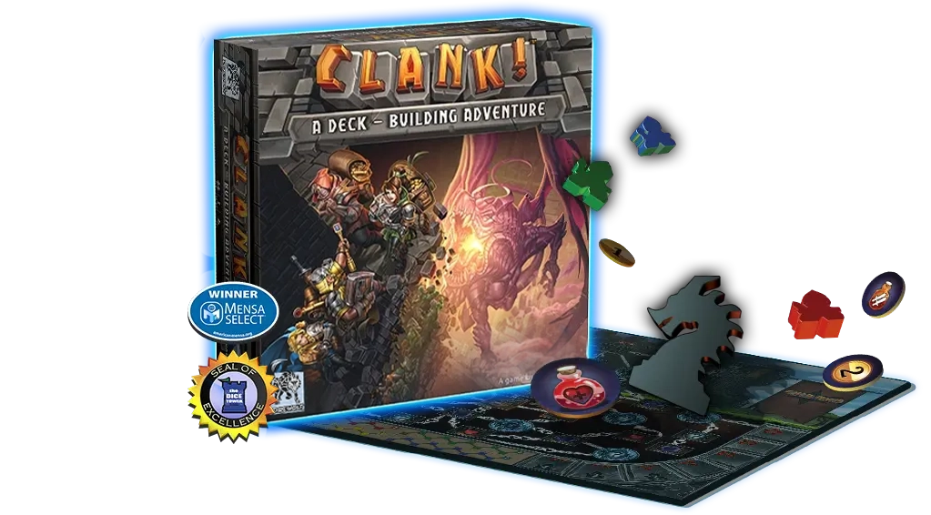 Clank desplegado con tablero, cartas y componentes