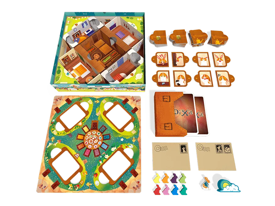 Tablero, conejos, puertas y cartas de Dixit Kids