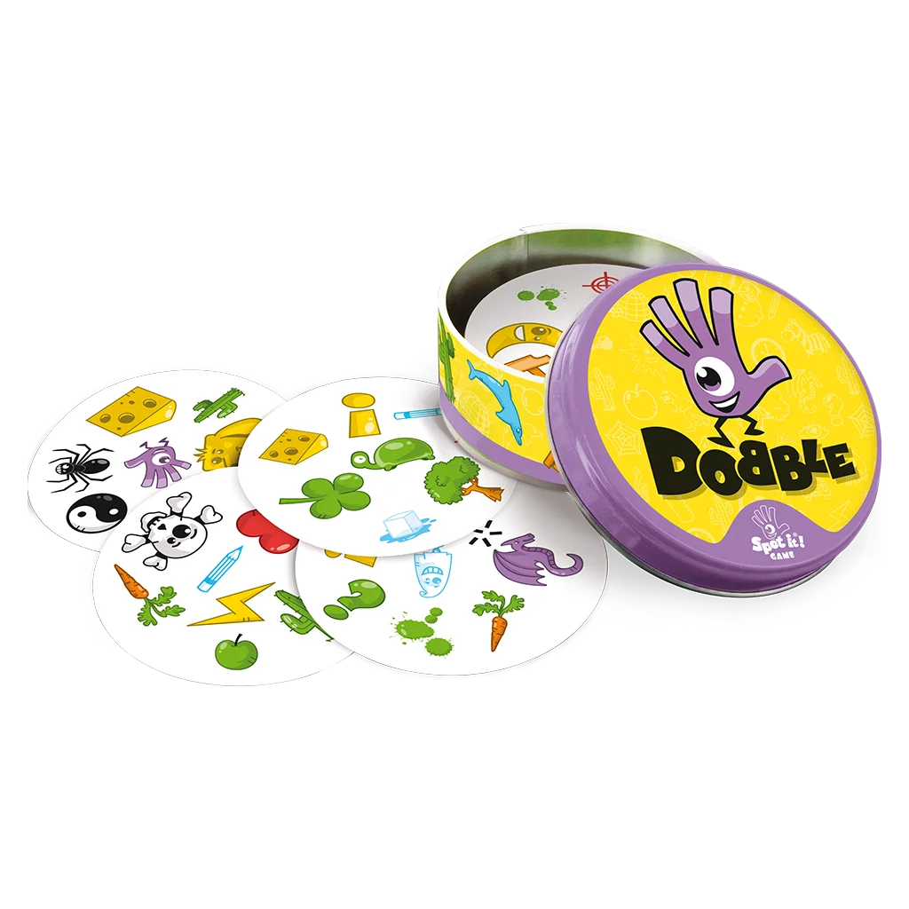 Dobble desplegado con sus componentes de juego