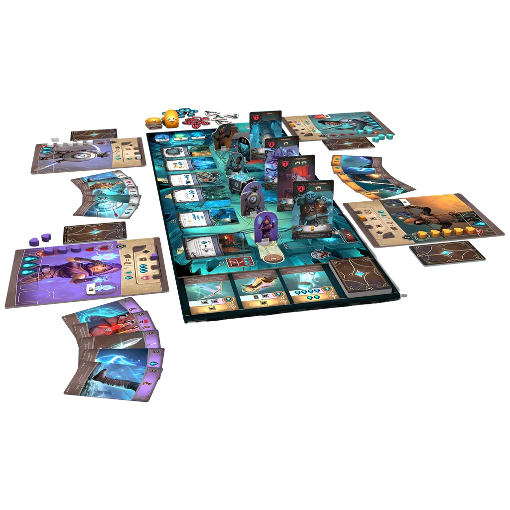 Tapete, cuatro tableros de héroe, cartas, figuras y fichas de Dungeon Legends