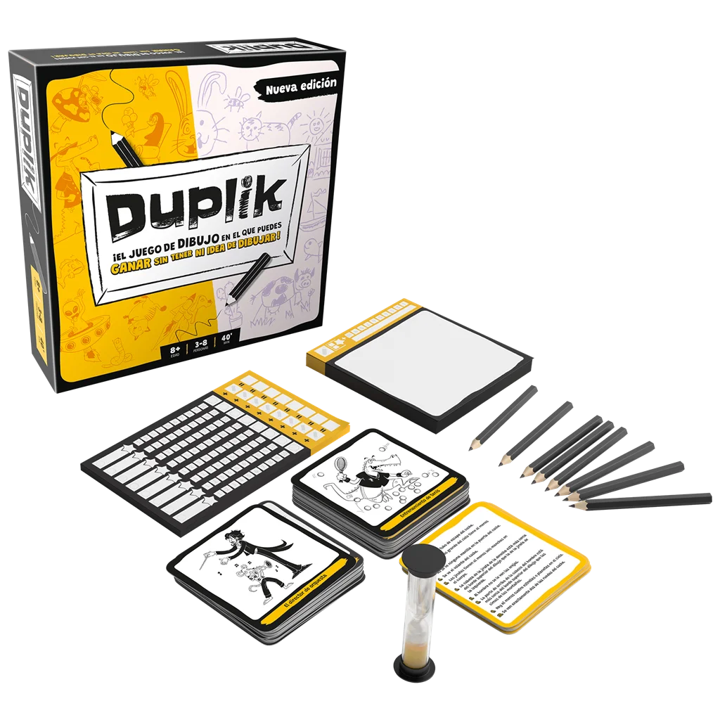 Caja, cartas, cuadernos, lápices y reloj de arena de Duplik