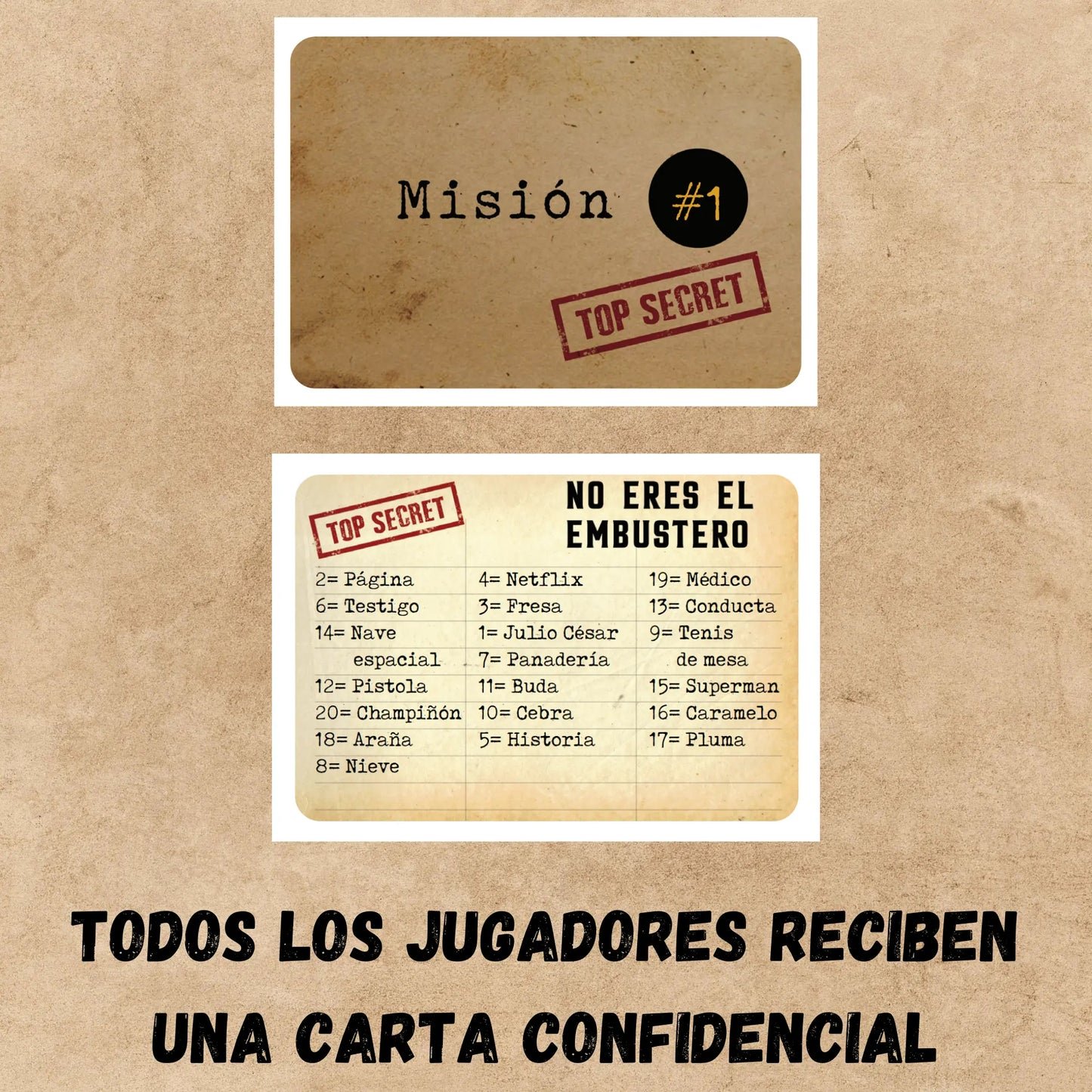 Carta de misión de El Embustero con una lista de palabras