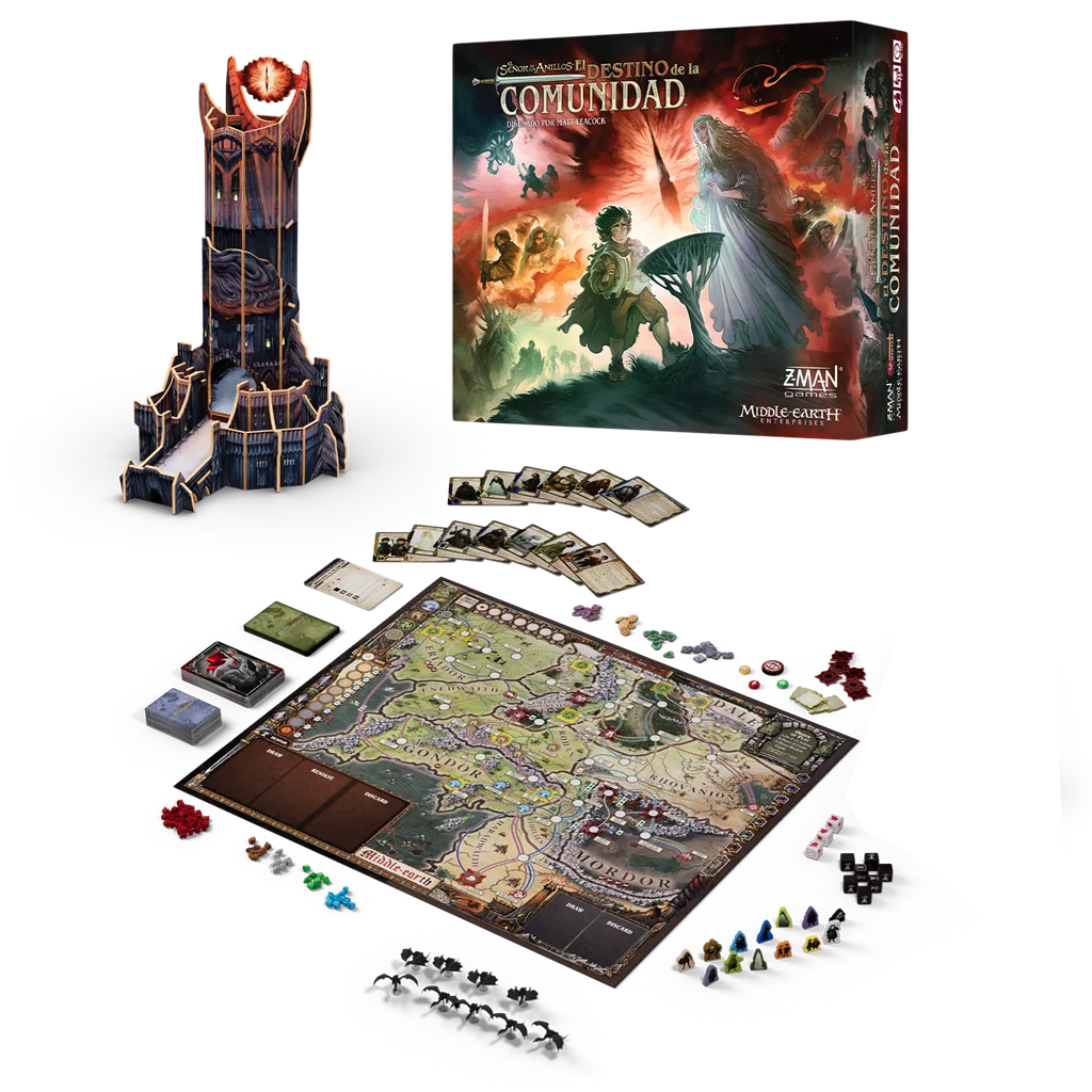 Tablero, cartas, torre de Barad-dûr, personajes y tropas de Destino de la Comunidad