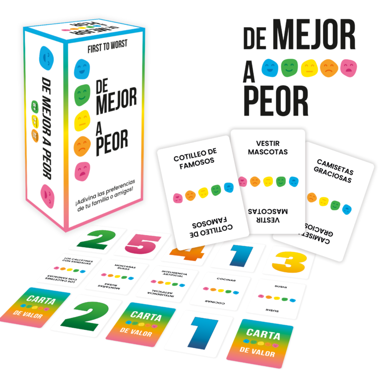 Caja, cartas de temas y cartas numeradas de First to Worst