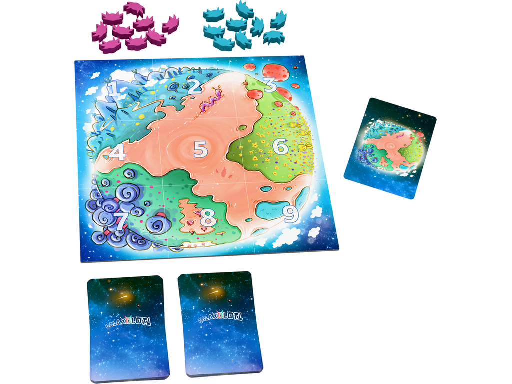 Componentes de Galaxolotl con tablero, cartas y figuras