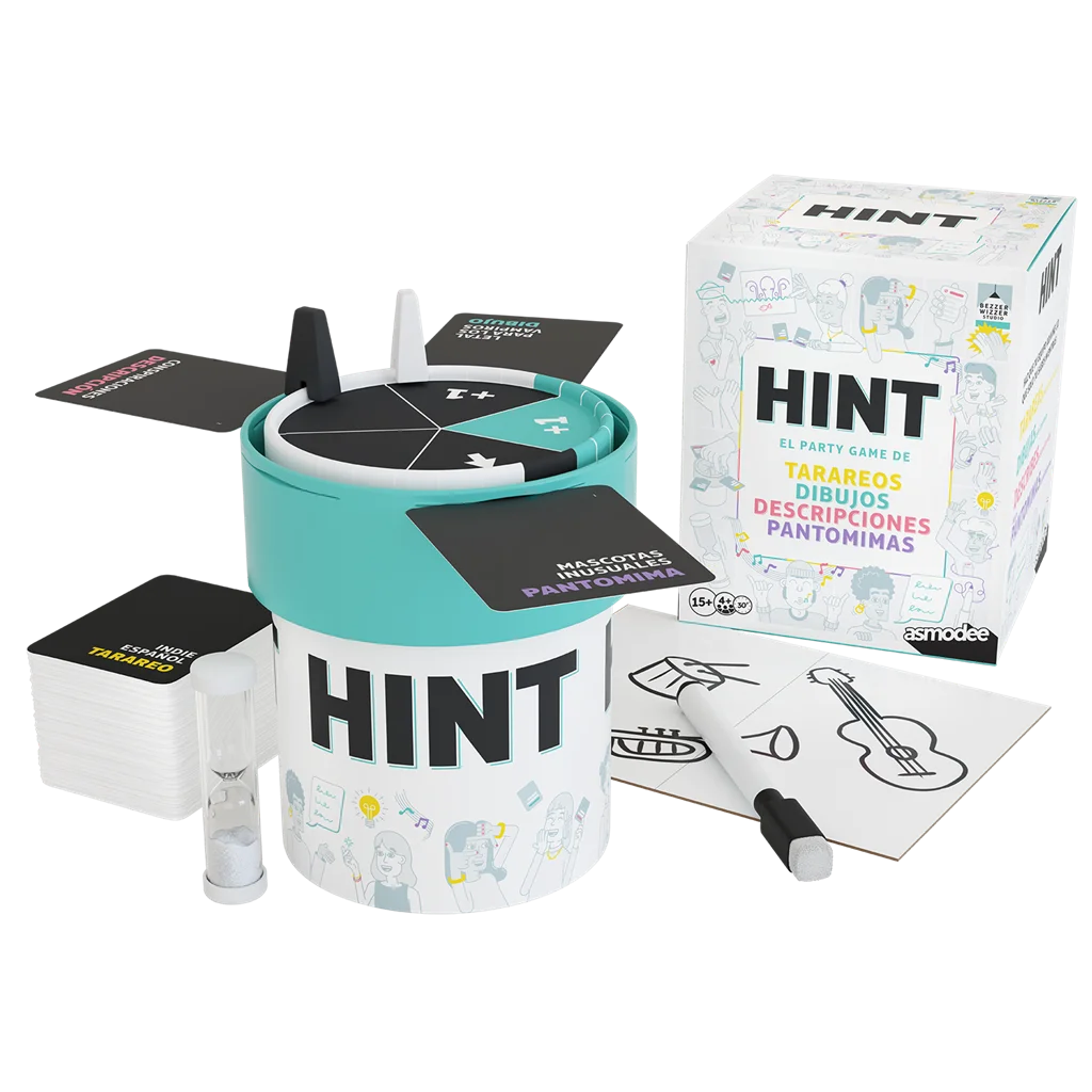 Rueda, tarjetas, reloj, pizarra y fichas de la edición española de HINT