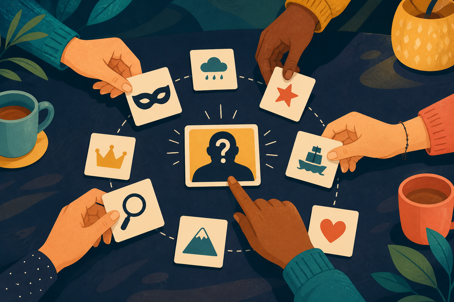 Cartas con iconos alrededor de una identidad secreta