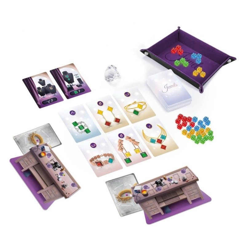 Dados, cartas de joya, encargos, talleres y bandeja de Jewels