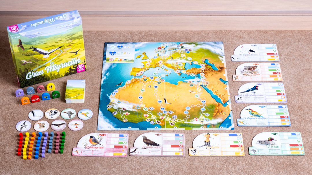 Tablero y caja de La Gran Migración con las rutas de vuelo de las aves