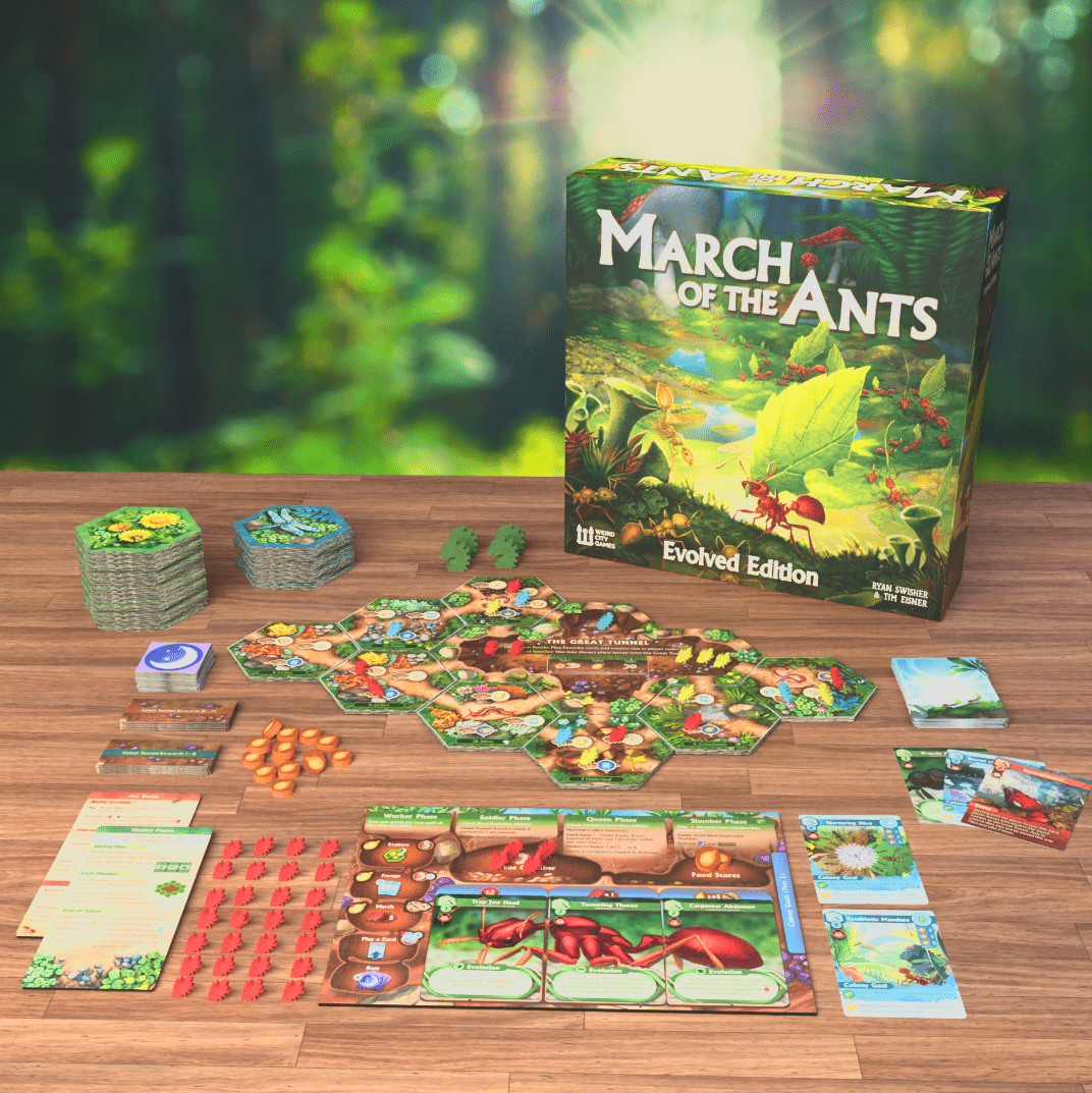Despliegue de La Marcha de las Hormigas con losetas, cartas y hormigas de madera