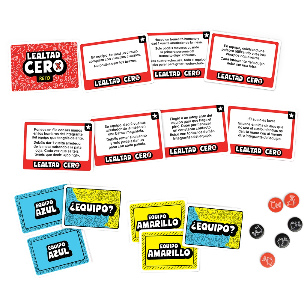 Cartas de equipo, retos y fichas de Lealtad Cero