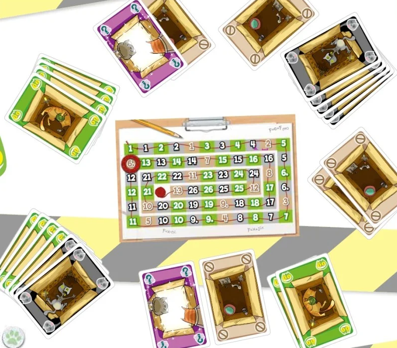 Cartas de gatos vivos, muertos, cajas vacías y tablero de hipótesis de Los gatos de Schrödinger