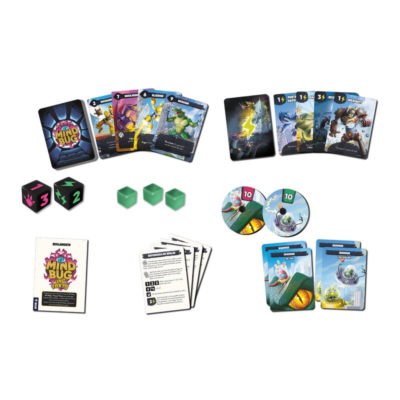Cartas, dados, energía y componentes de Mindbug King of Tokyo