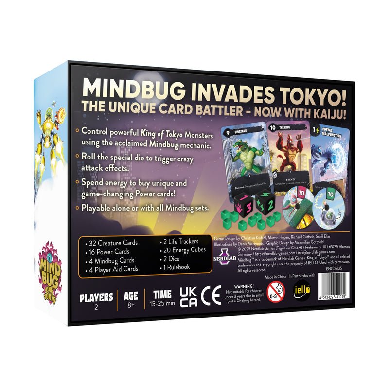 Trasera de Mindbug King of Tokyo con resumen y componentes