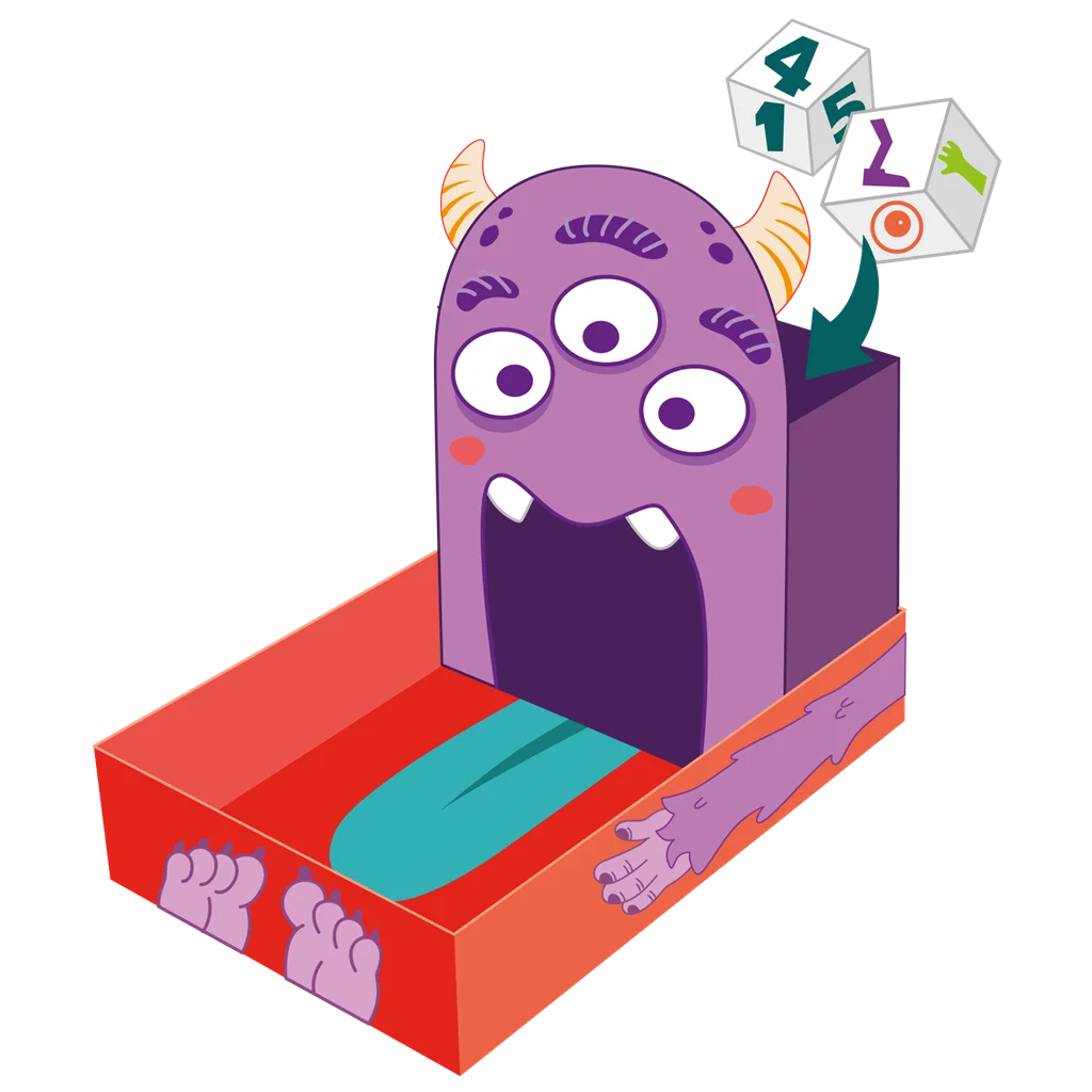 Torre Monstruosa, dados y cartas de Monster Match preparados para jugar
