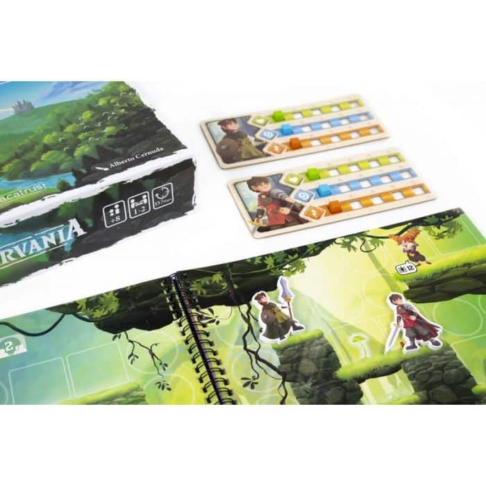 Contenido de Monstervania con libros de mapas, fichas, tableros y marcadores
