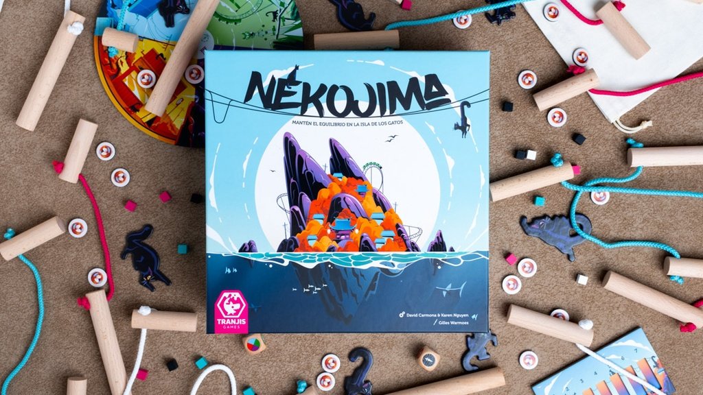 Caja y componentes de Nekojima preparados para jugar