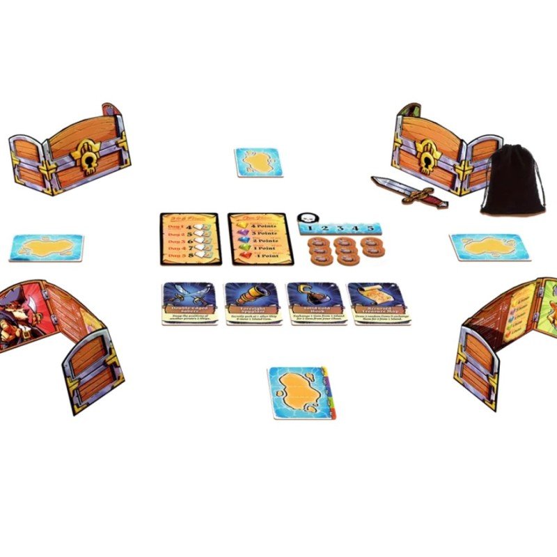 Cofres, islas, cartas de barco y gemas de Palabra de Pirata desplegados