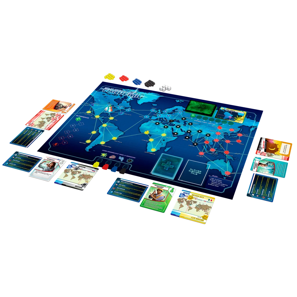 Pandemic desplegado con sus componentes de juego
