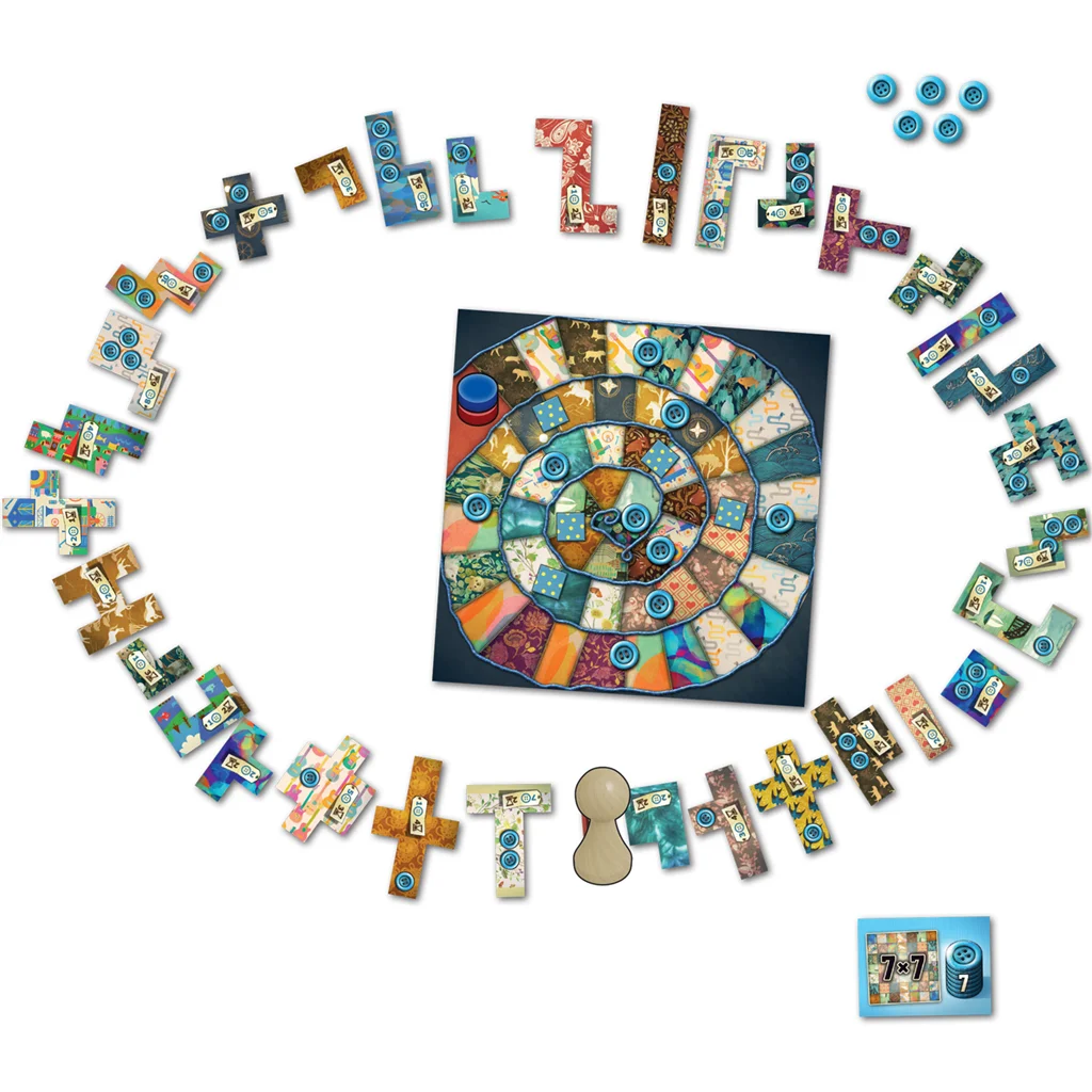 Patchwork desplegado con sus componentes de juego