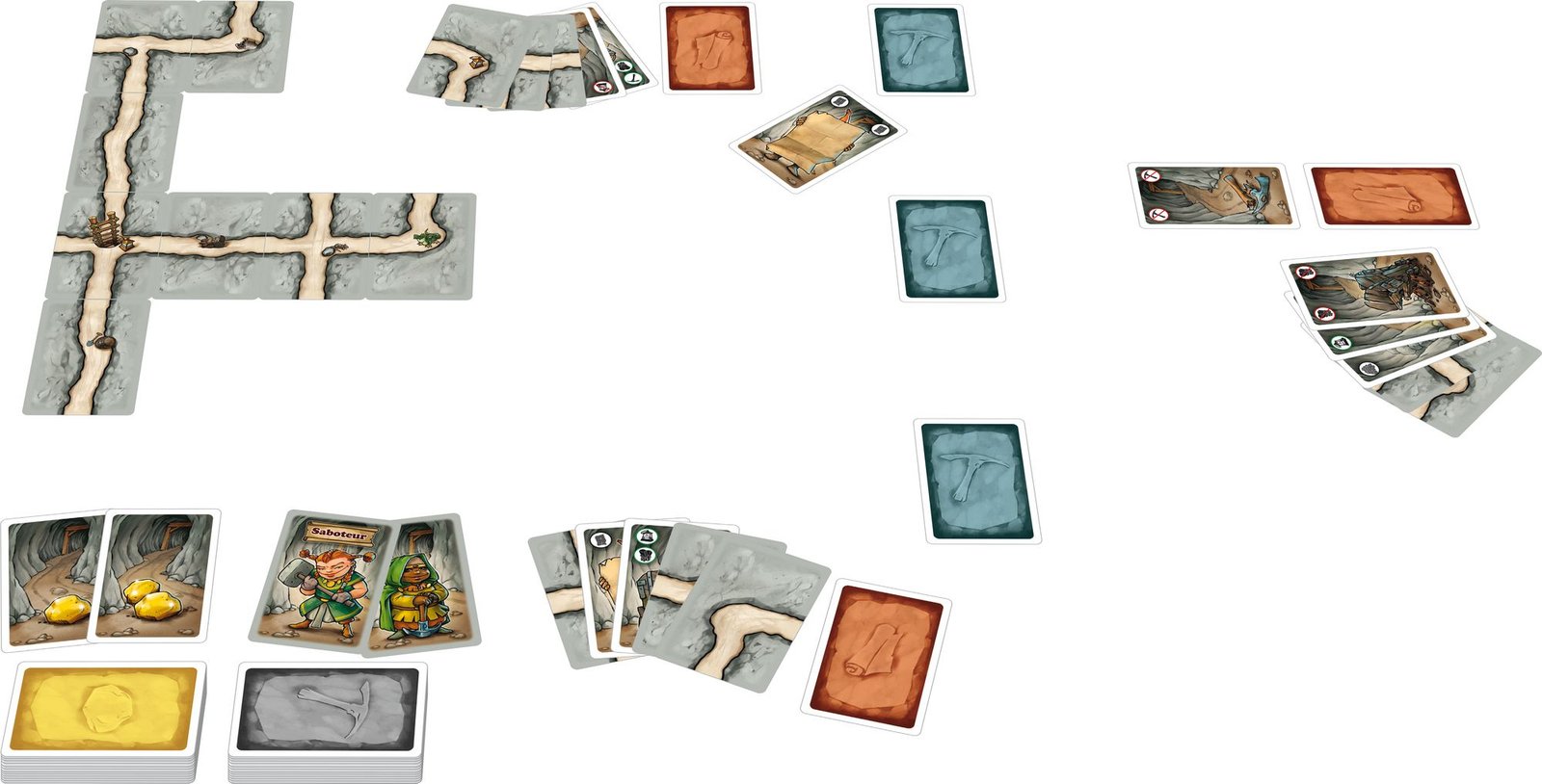 Partida de Saboteur con túneles, herramientas y cartas de oro
