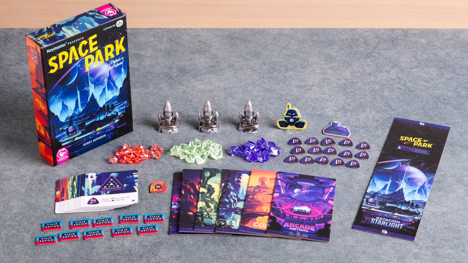 Tablero modular, cohetes, cristales y cartas de Space Park