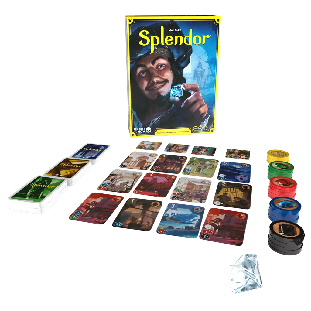 Splendor desplegado con sus componentes de juego