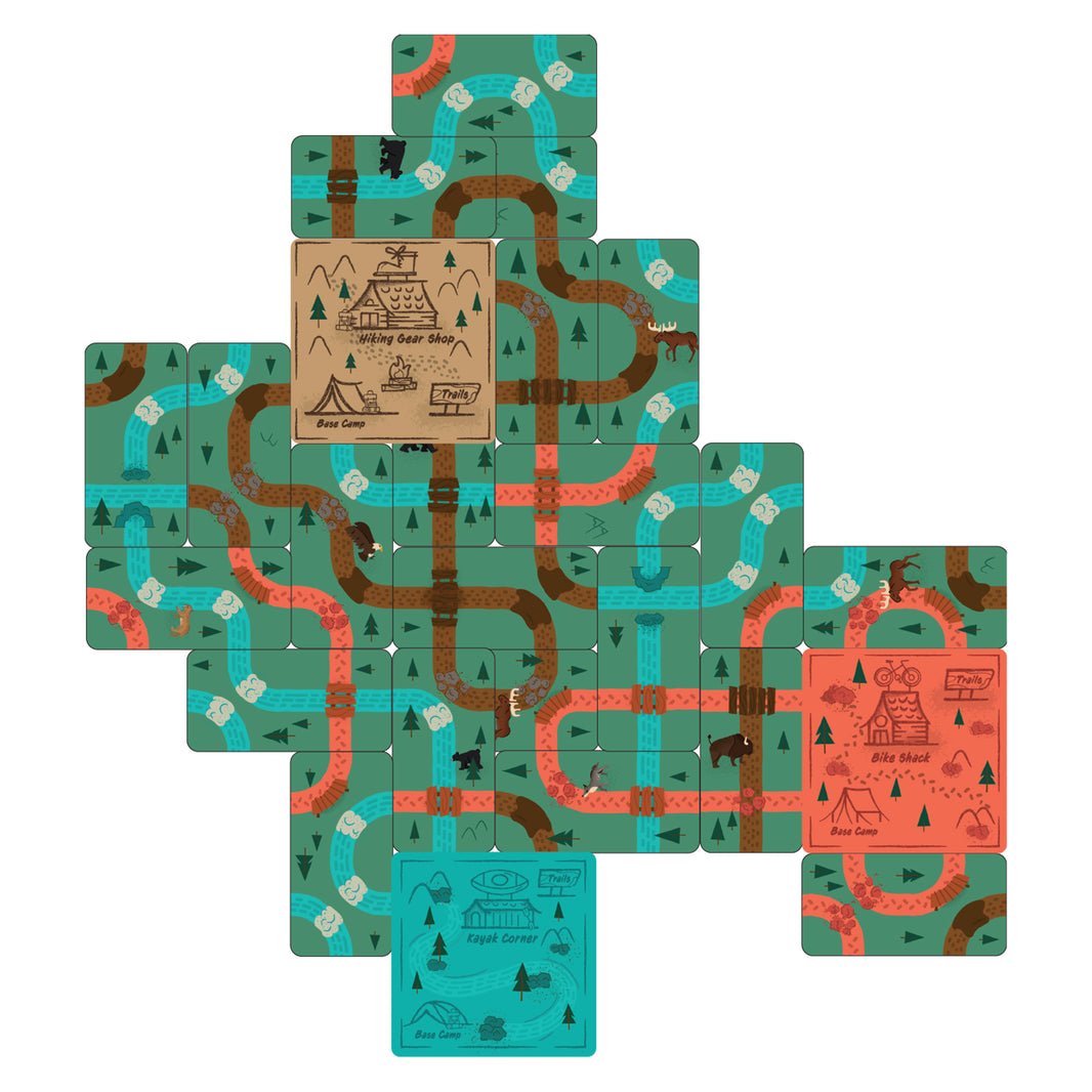 Partida de Trailblazers con cartas formando rutas desde los campamentos