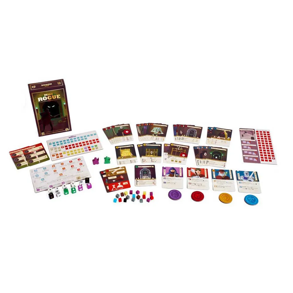 Caja, cartas, dados y marcadores de Mini Rogue desplegados