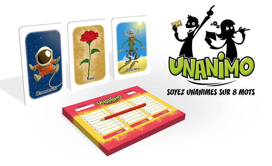 Cartas ilustradas, hoja de respuestas y lápiz de Unánimo