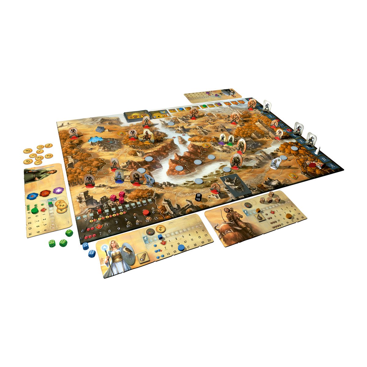 Tablero de doble cara, héroes, criaturas, cartas, dados y marcadores de Las Leyendas de Andor Tierras Lejanas